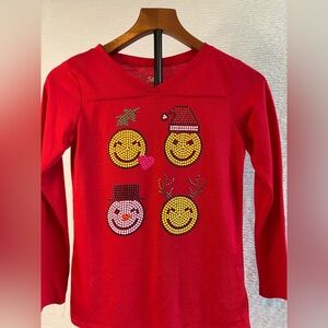Justice Red Long Sleeve Tee with Festive Emoji Design